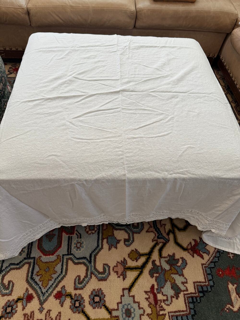 Nicole Miller Rectangular White Linen Tablecloth Crochet Trim
